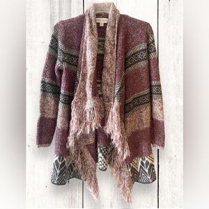 Knox Rose Cardigan Womens XS Gray Dusty Rose Open Front Fringe Duster Beach Boho